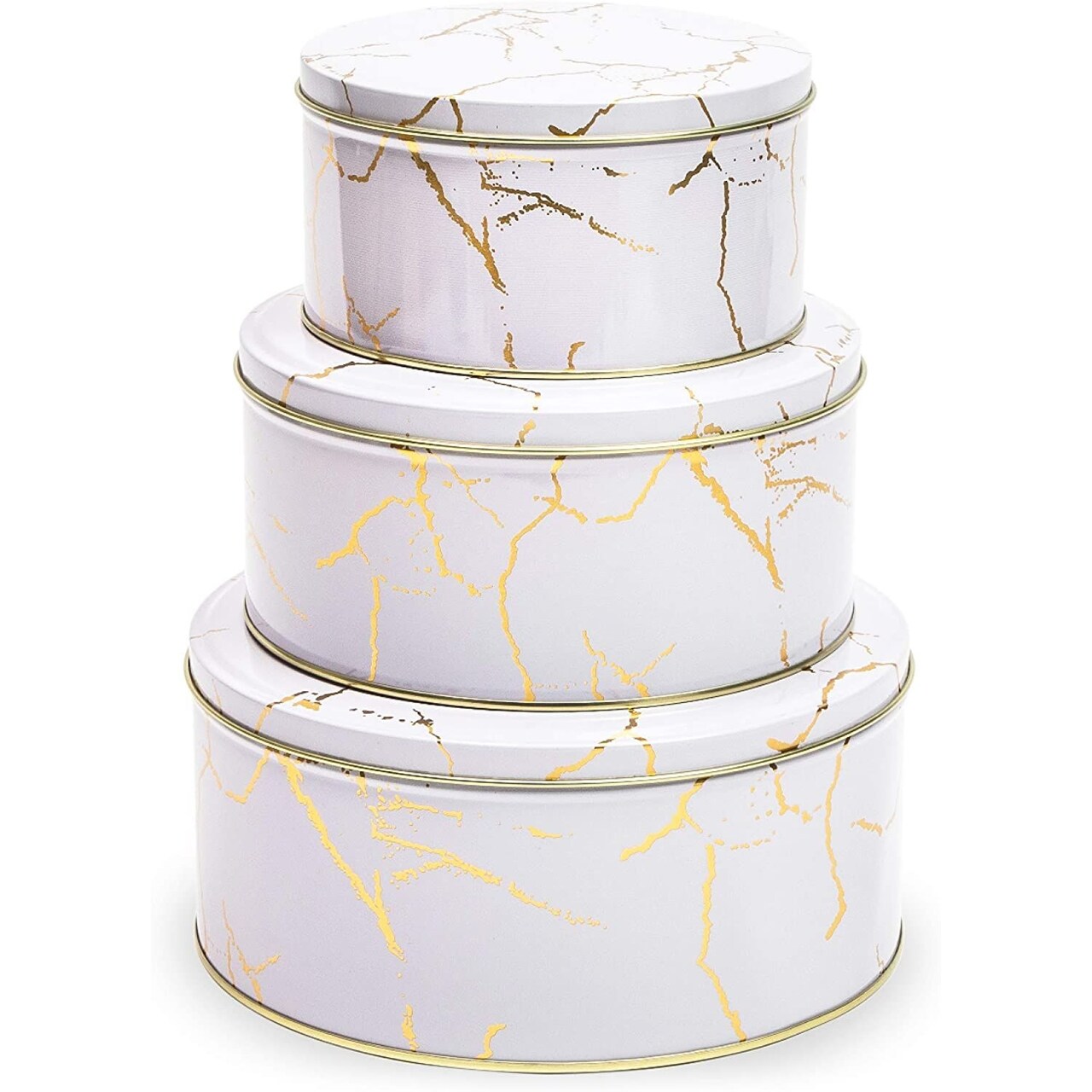 Set of 3 Marbled Round Nesting Tins with Lids, Circular Metal Kitchen Storage Containers for Cookies, Candy, Popcorn, Cupcakes, Biscotti, and Treats in 3 Sizes (White and Gold)